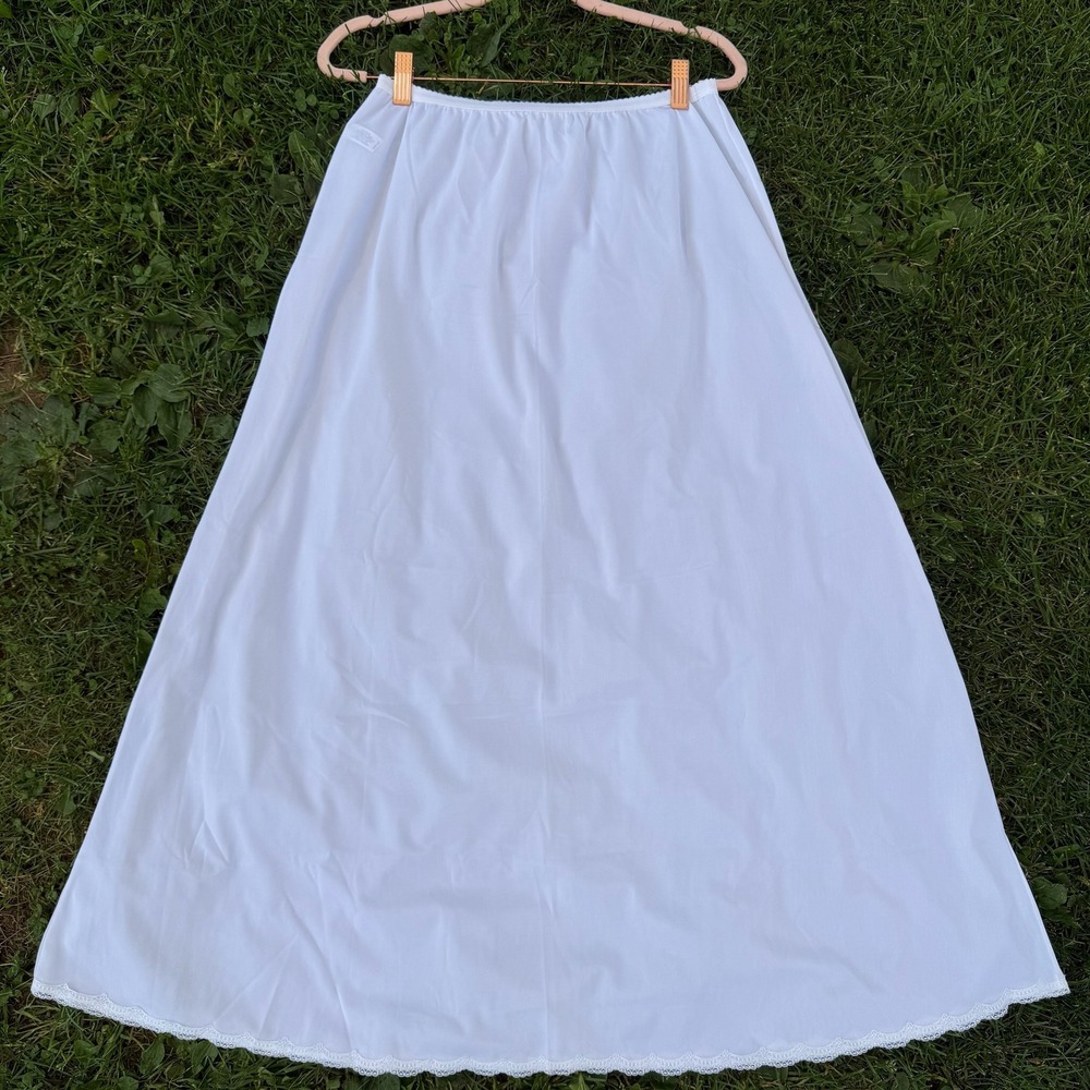 Shadowline Maxi Half Slip Large 36 White Lace Trim Nylon Vintage Long Skirt Slip